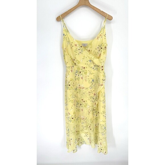 LOFT Dresses & Skirts - LOFT Yellow Floral Chiffon Slip Dress Women’s Size 14 Spaghetti Strap Midi